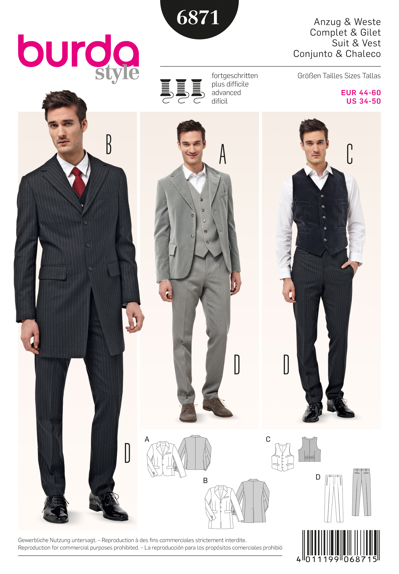 Mens Suit Sewing Patterns Burda Style B6871 Menswear Sewing Pattern